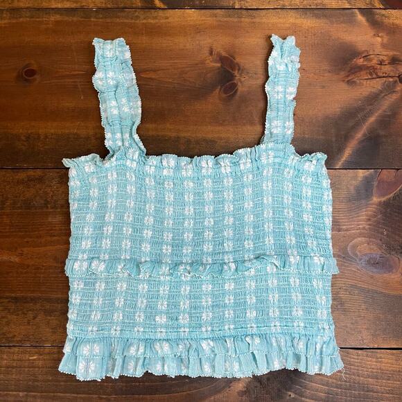 Saylor Celina Turquoise Blue Daisy Weft Smocked Stretchy Tank Top Women's Small - Picture 1 of 9